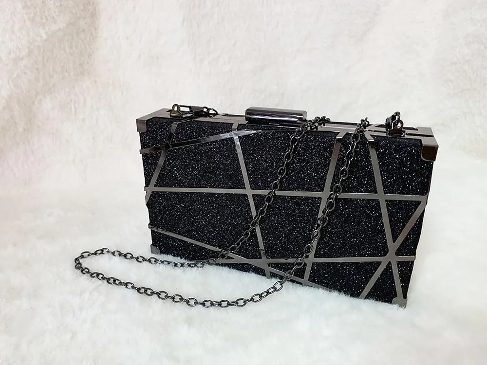 Women Geometric Evening Clutch Purse Glitter Metal Chain Crossbody Small Clutch Handbag With Chain for Cocktail Party