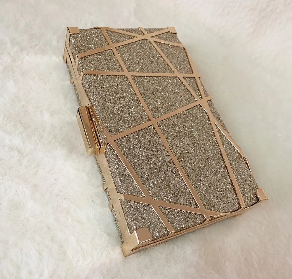 Women Geometric Evening Clutch Purse Glitter Metal Chain Crossbody Small Clutch Handbag With Chain for Cocktail Party
