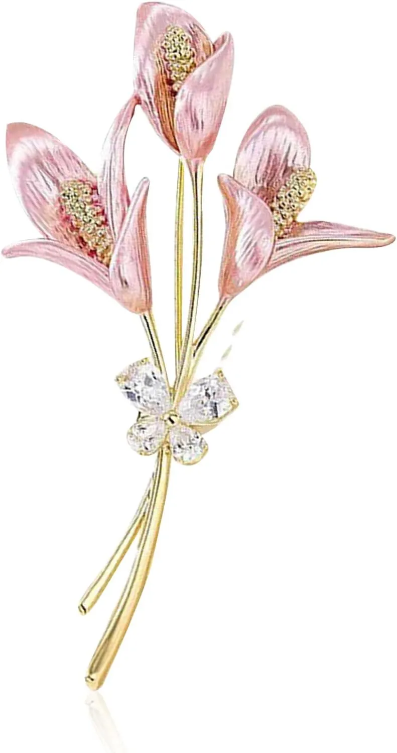 Women Gold Lily Brooch Pin Elegant Flower Rhinestone Lapel Pin for Coats Jackets Sweaters Accessories Jewelry Christmas