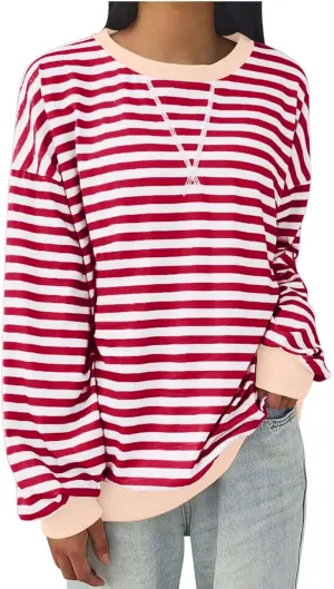 Women Oversized Sweatshirt Striped Color Block Long Sleeve Pullover Tops Vintage Crewneck Shirts Casual Loose Sweater