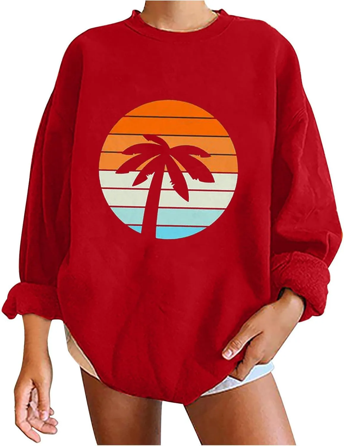 Women Oversized Tropical Palm Trees Graphic Sweatshirts Beach Vintage Style Fashion Long Sleeve Crewneck Pullovers