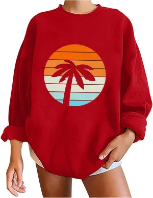 Women Oversized Tropical Palm Trees Graphic Sweatshirts Beach Vintage Style Fashion Long Sleeve Crewneck Pullovers