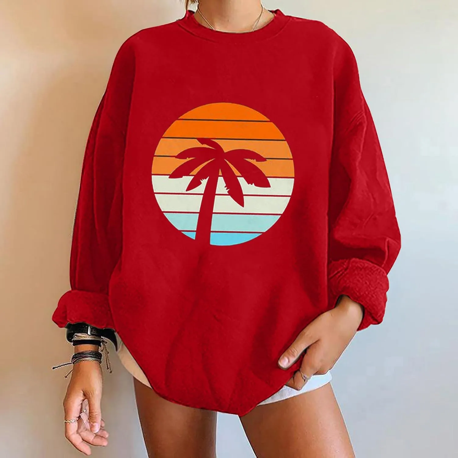 Women Oversized Tropical Palm Trees Graphic Sweatshirts Beach Vintage Style Fashion Long Sleeve Crewneck Pullovers