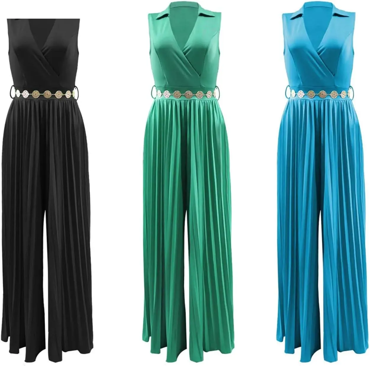 Women Pleated Wide Leg Skirt Wrap V-Neck With Belt Sleeveless Jumpsuit Blazer Playsuit One Piece Suit Romper
