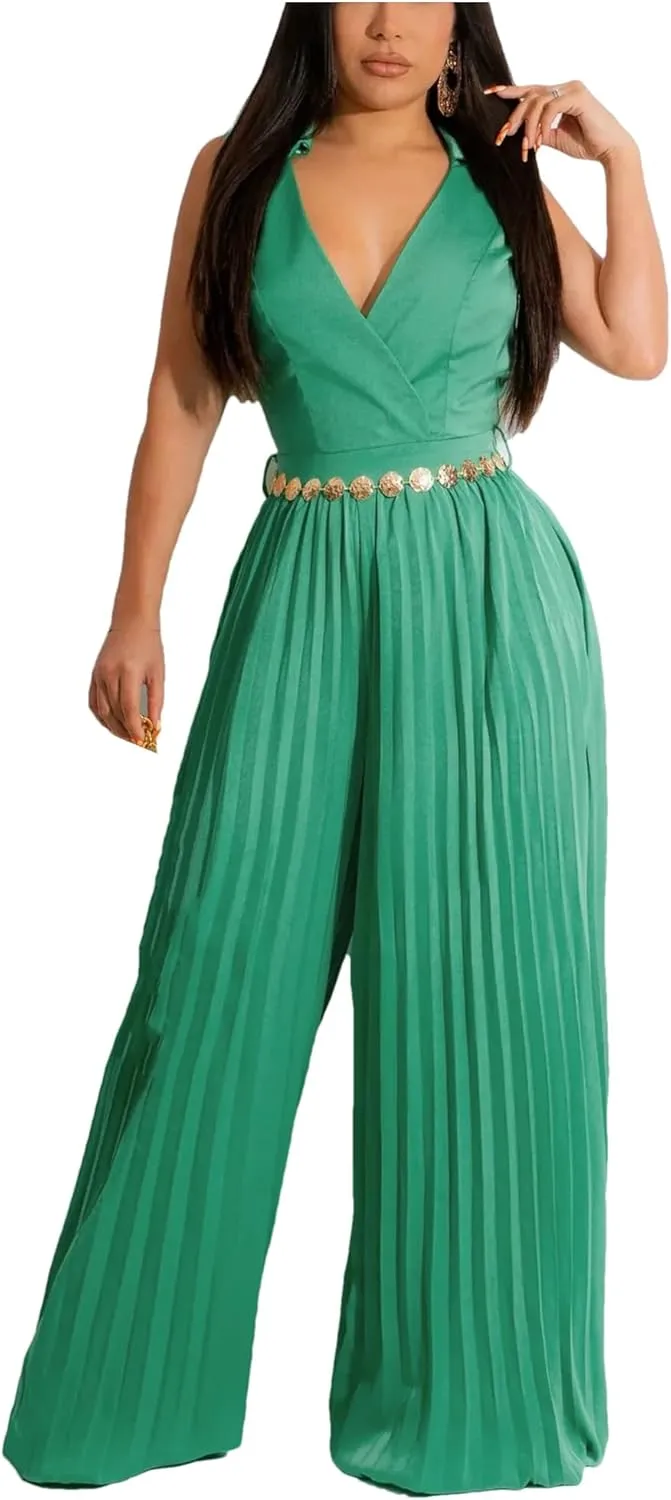 Women Pleated Wide Leg Skirt Wrap V-Neck With Belt Sleeveless Jumpsuit Blazer Playsuit One Piece Suit Romper