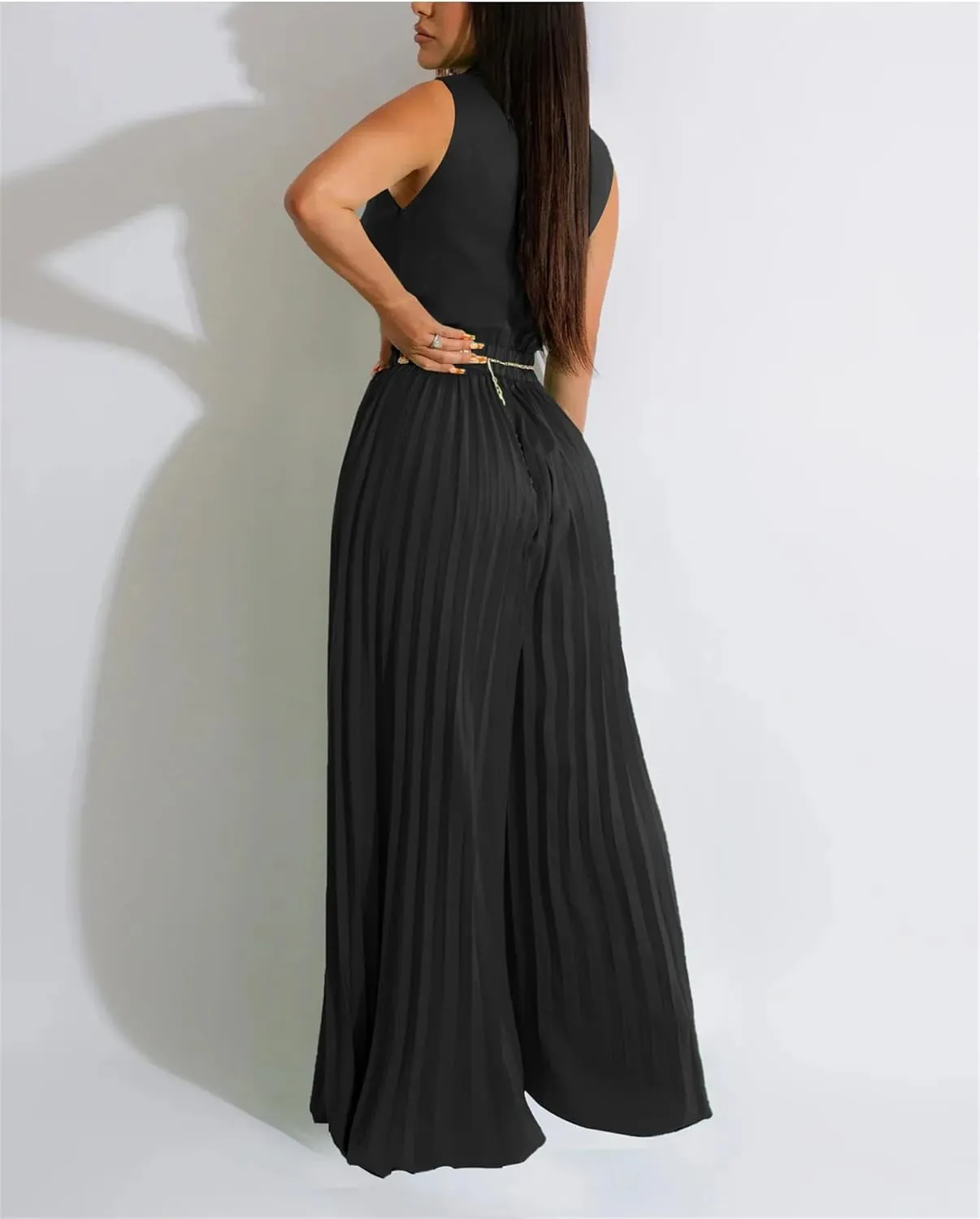 Women Pleated Wide Leg Skirt Wrap V-Neck With Belt Sleeveless Jumpsuit Blazer Playsuit One Piece Suit Romper