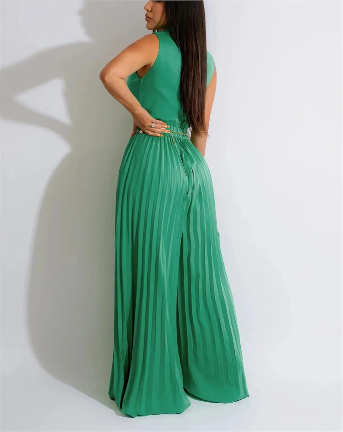 Women Pleated Wide Leg Skirt Wrap V-Neck With Belt Sleeveless Jumpsuit Blazer Playsuit One Piece Suit Romper