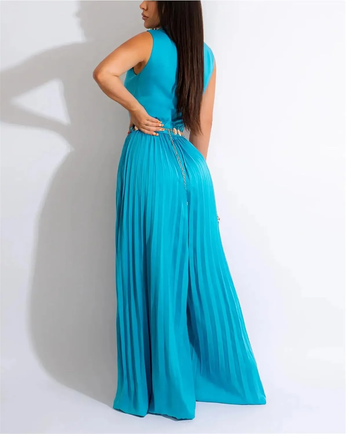 Women Pleated Wide Leg Skirt Wrap V-Neck With Belt Sleeveless Jumpsuit Blazer Playsuit One Piece Suit Romper