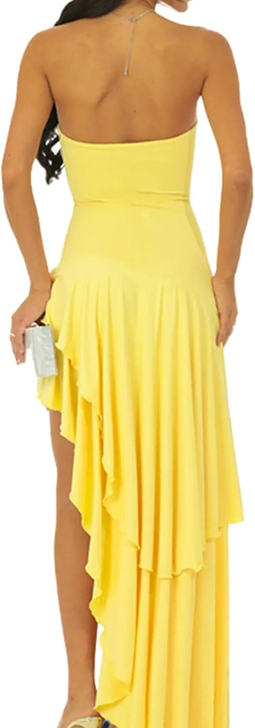 Women Sexy Strapless Ruffle Hem Tube Maxi Dress Sleeveless Off Shoulder Backless Flowy Asymmetric Long Dress