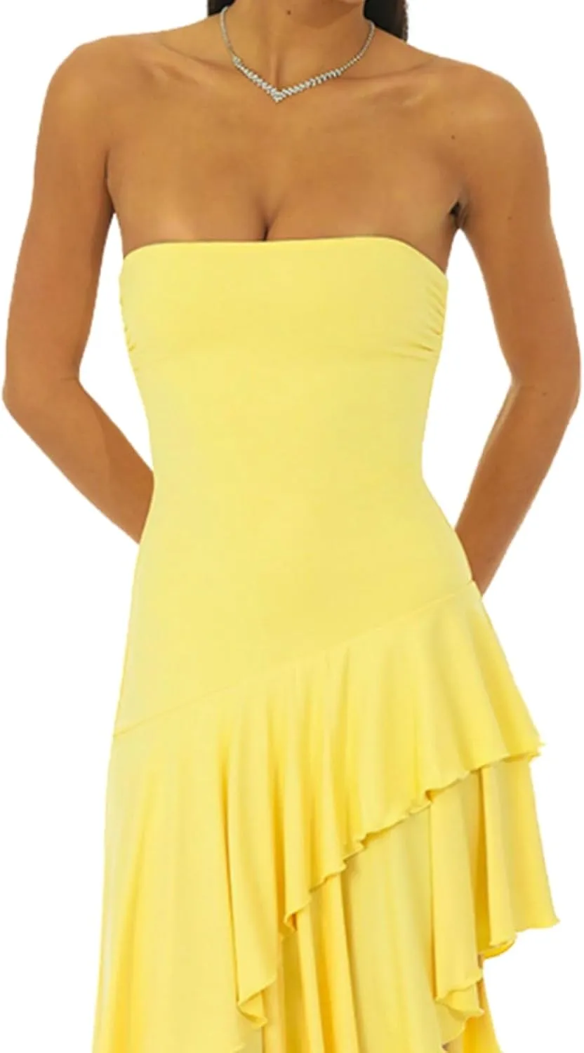 Women Sexy Strapless Ruffle Hem Tube Maxi Dress Sleeveless Off Shoulder Backless Flowy Asymmetric Long Dress