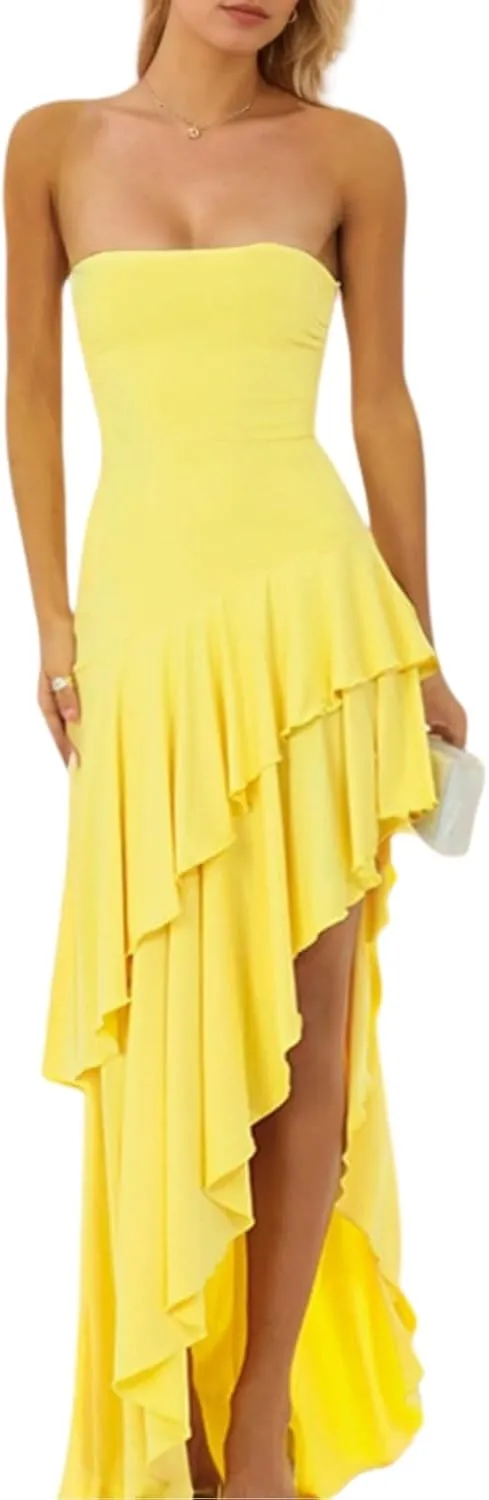 Women Sexy Strapless Ruffle Hem Tube Maxi Dress Sleeveless Off Shoulder Backless Flowy Asymmetric Long Dress