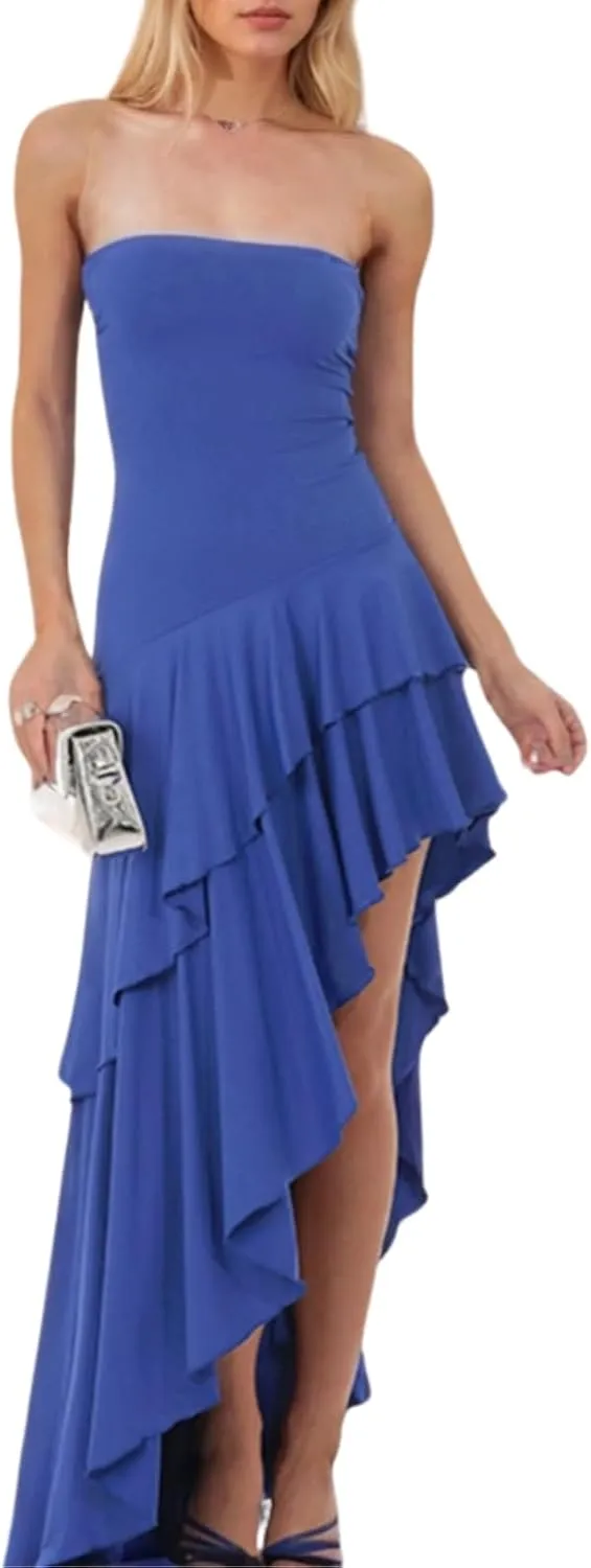 Women Sexy Strapless Ruffle Hem Tube Maxi Dress Sleeveless Off Shoulder Backless Flowy Asymmetric Long Dress