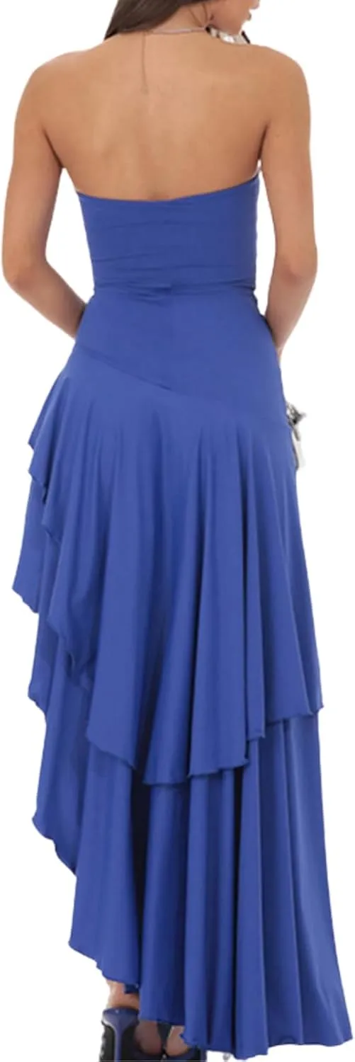 Women Sexy Strapless Ruffle Hem Tube Maxi Dress Sleeveless Off Shoulder Backless Flowy Asymmetric Long Dress