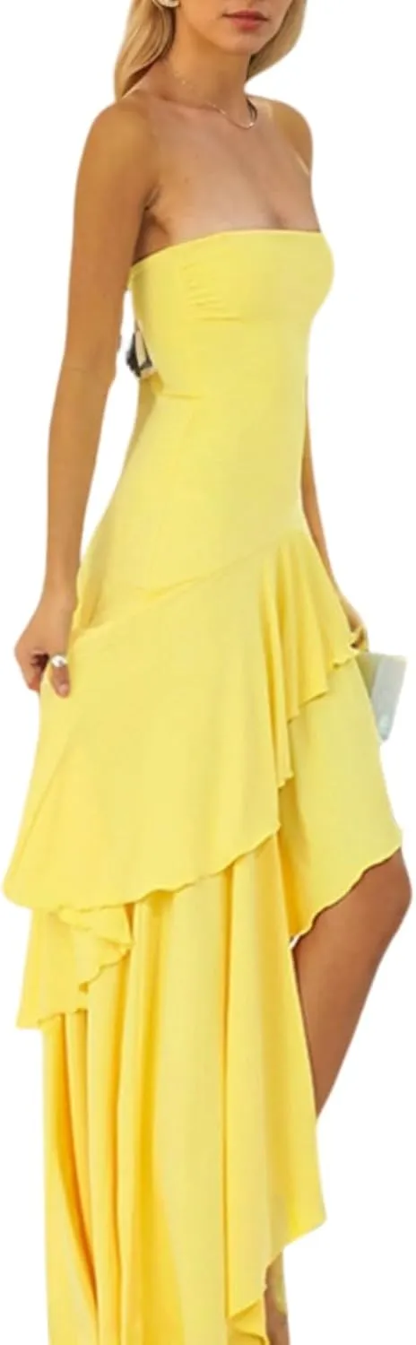 Women Sexy Strapless Ruffle Hem Tube Maxi Dress Sleeveless Off Shoulder Backless Flowy Asymmetric Long Dress