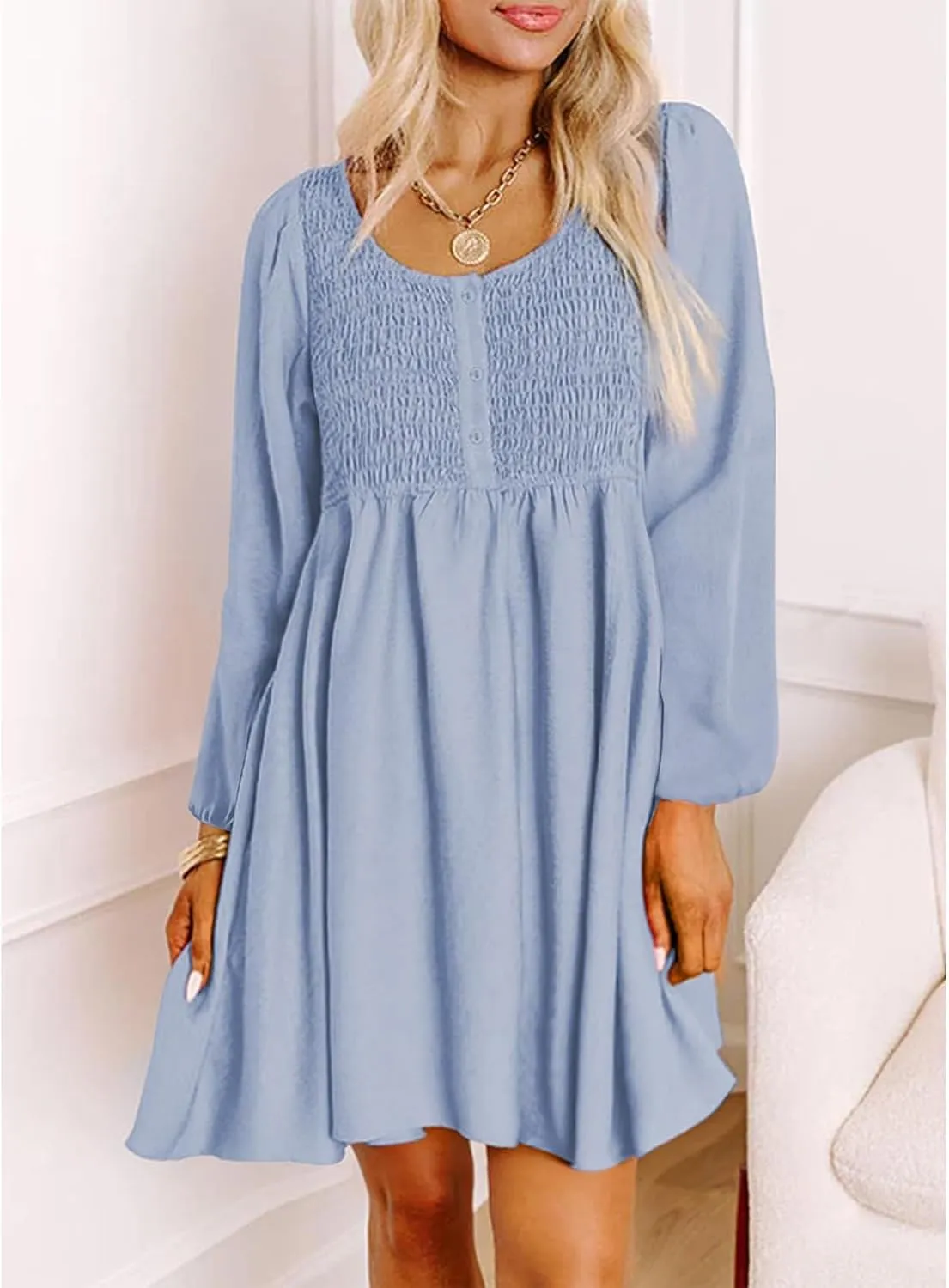 Womens 2024 Casual Dress Smocked Crewneck Button Up Long Sleeve Dresses Pleated Ruffle Flowy A-Line Waist Mini Dress