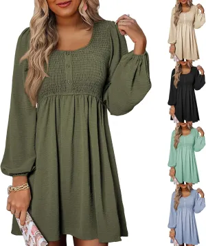 Womens 2024 Casual Dress Smocked Crewneck Button Up Long Sleeve Dresses Pleated Ruffle Flowy A-Line Waist Mini Dress