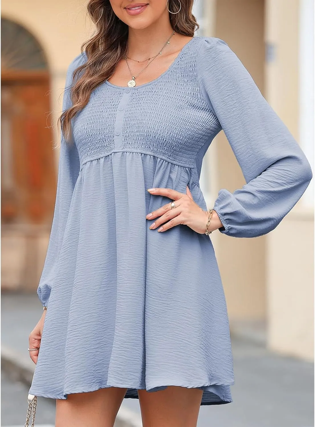 Womens 2024 Casual Dress Smocked Crewneck Button Up Long Sleeve Dresses Pleated Ruffle Flowy A-Line Waist Mini Dress