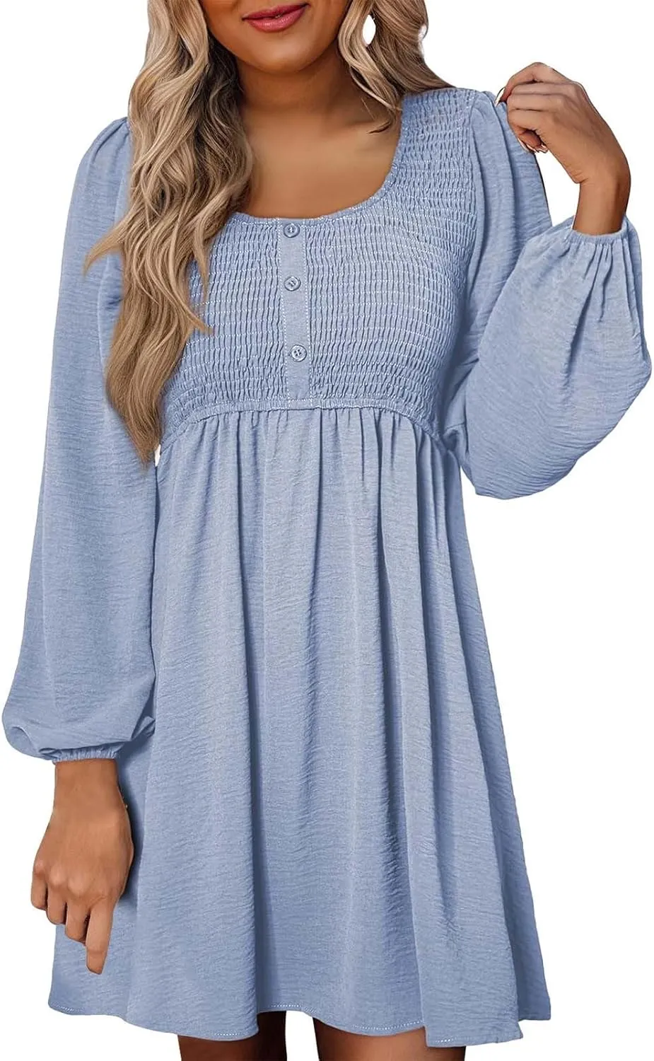 Womens 2024 Casual Dress Smocked Crewneck Button Up Long Sleeve Dresses Pleated Ruffle Flowy A-Line Waist Mini Dress