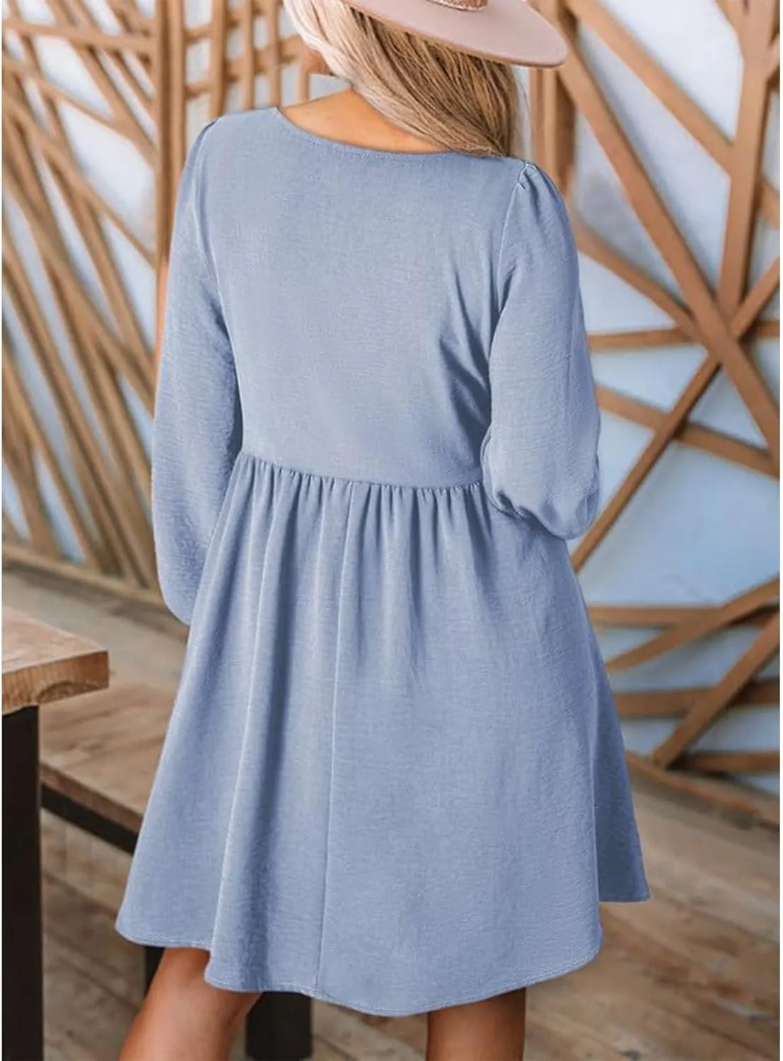 Womens 2024 Casual Dress Smocked Crewneck Button Up Long Sleeve Dresses Pleated Ruffle Flowy A-Line Waist Mini Dress