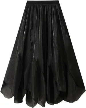 Women's Chiffon Flowy Long Skirt Asymmetrical Hem Elastic Waist Beach Skirts Lightweight Summer Casual Maxi Dress