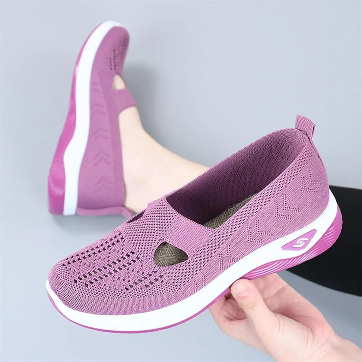Women's Comfortable Breathable Knitted Sneakers,Woven Cut Out Orthopedic Arch Support Soft Shoes,Casual Slip on Walking Shoes