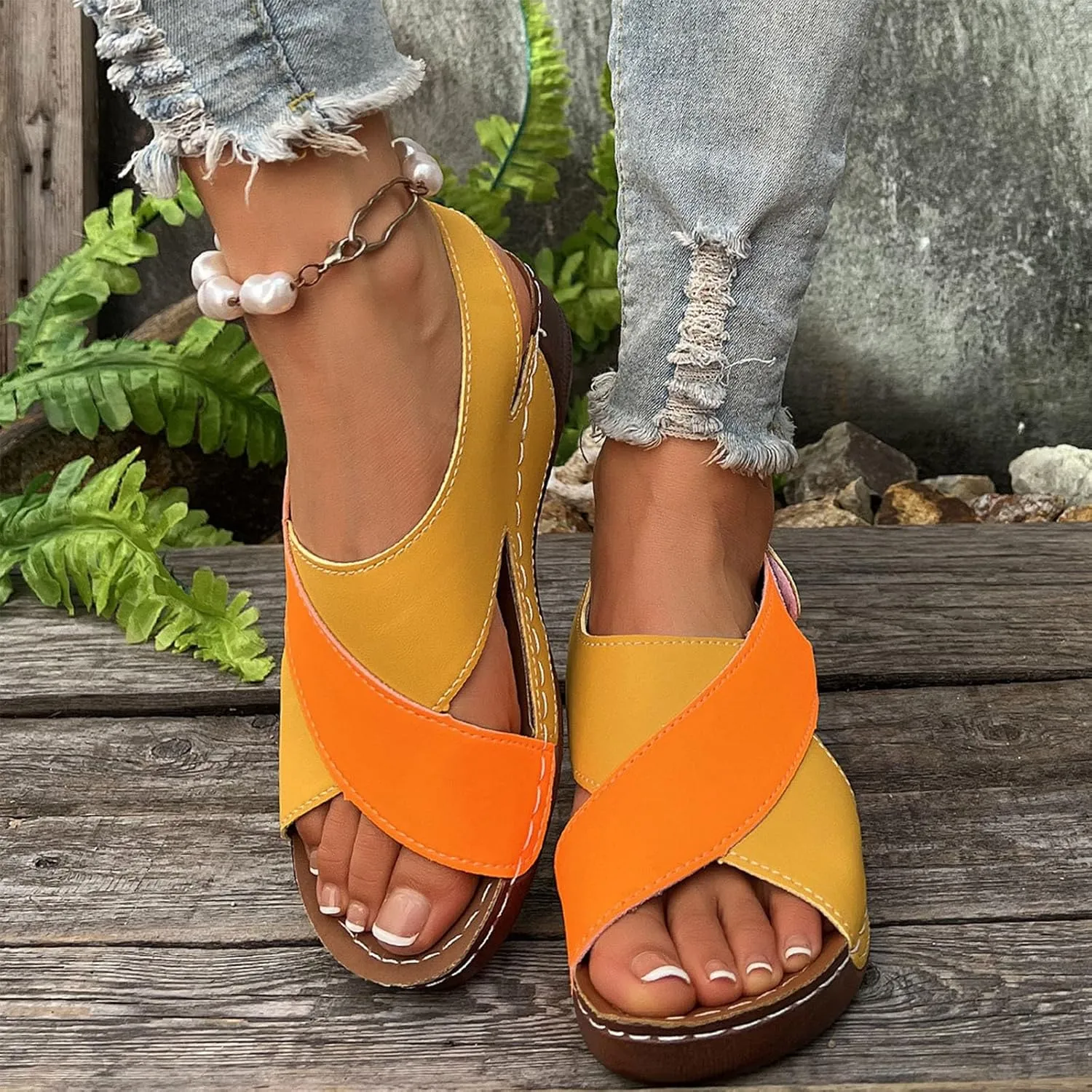 Women's Contrast Color Flat Sandals 2025, Crisscross Strap Open Toe Summer Shoes, Comfortable Orthopedic Sandals