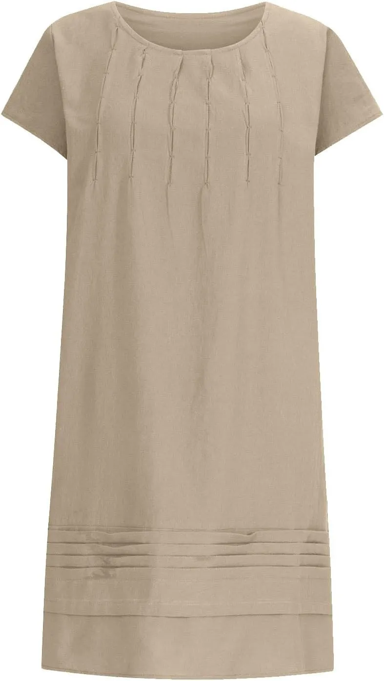 Women's Cotton Linen Midi Dress Plus Size Cap Sleeve Pleated Summer Dresses Vacation 2025 Crew Neck Casual Dress
