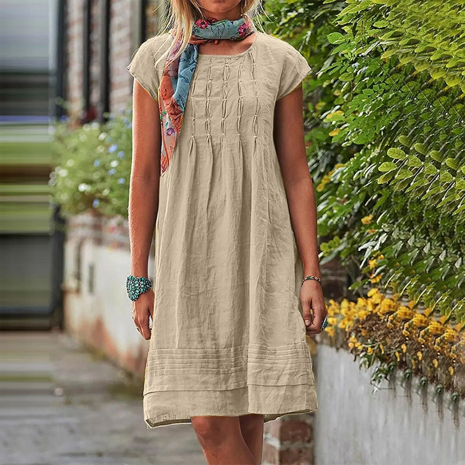 Women's Cotton Linen Midi Dress Plus Size Cap Sleeve Pleated Summer Dresses Vacation 2025 Crew Neck Casual Dress