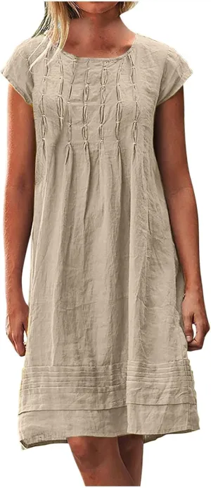 Women's Cotton Linen Midi Dress Plus Size Cap Sleeve Pleated Summer Dresses Vacation 2025 Crew Neck Casual Dress