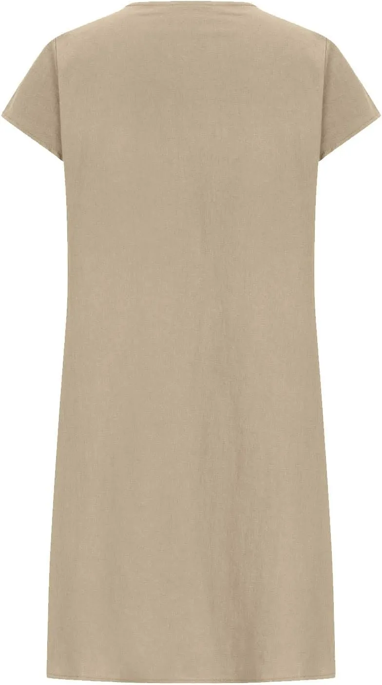 Women's Cotton Linen Midi Dress Plus Size Cap Sleeve Pleated Summer Dresses Vacation 2025 Crew Neck Casual Dress