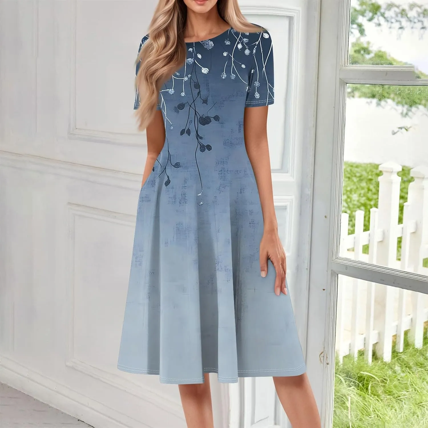 Womens Dresses 2025 Summer Crewneck Short Sleeve Cinch Waist A Line Dress Side Pockets Midi Sun Dress Vacation