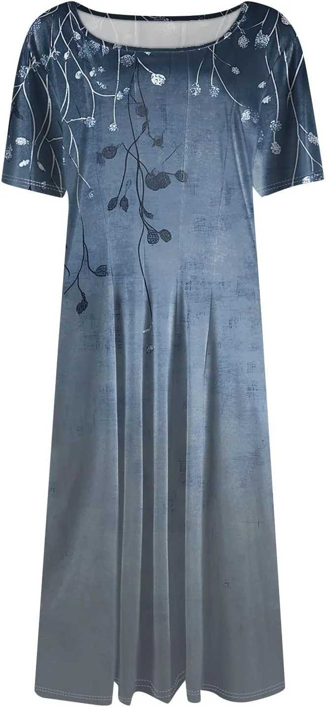 Womens Dresses 2025 Summer Crewneck Short Sleeve Cinch Waist A Line Dress Side Pockets Midi Sun Dress Vacation