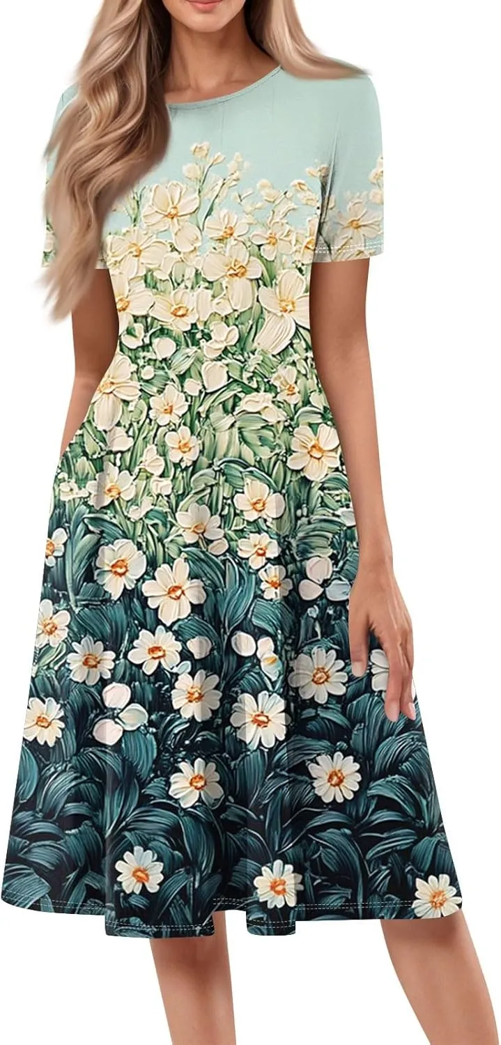 Womens Dresses 2025 Summer Crewneck Short Sleeve Midi Sun Dress Vacation Empire Waist A Line Dress Side Pockets