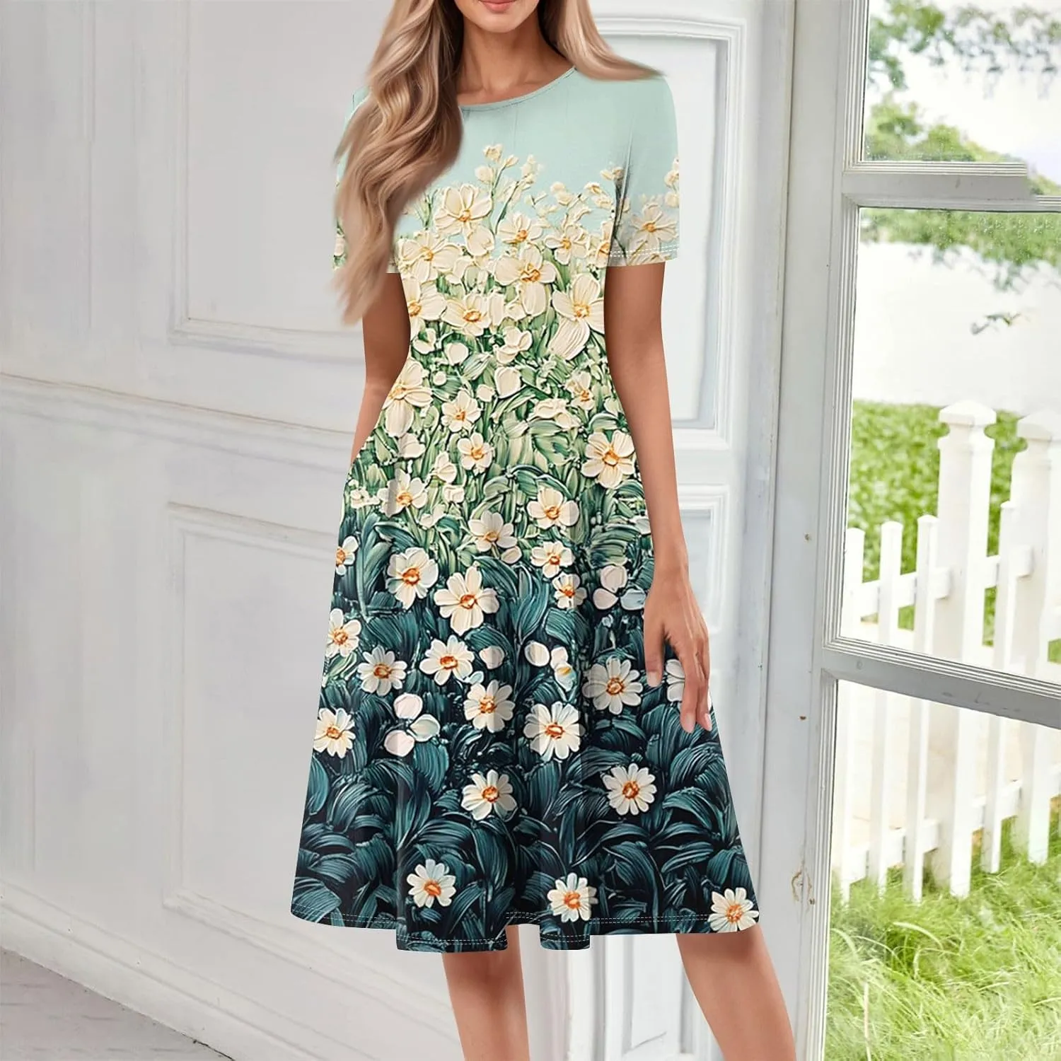 Womens Dresses 2025 Summer Crewneck Short Sleeve Midi Sun Dress Vacation Empire Waist A Line Dress Side Pockets
