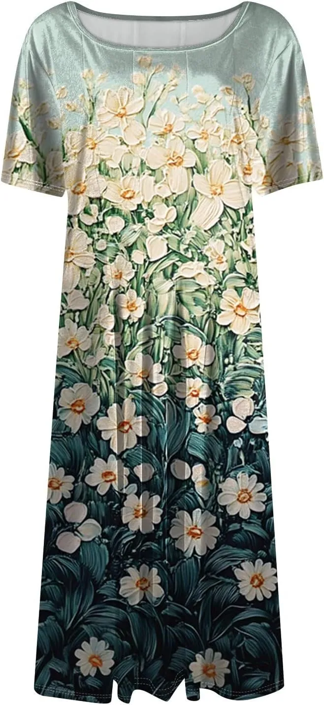 Womens Dresses 2025 Summer Crewneck Short Sleeve Midi Sun Dress Vacation Empire Waist A Line Dress Side Pockets