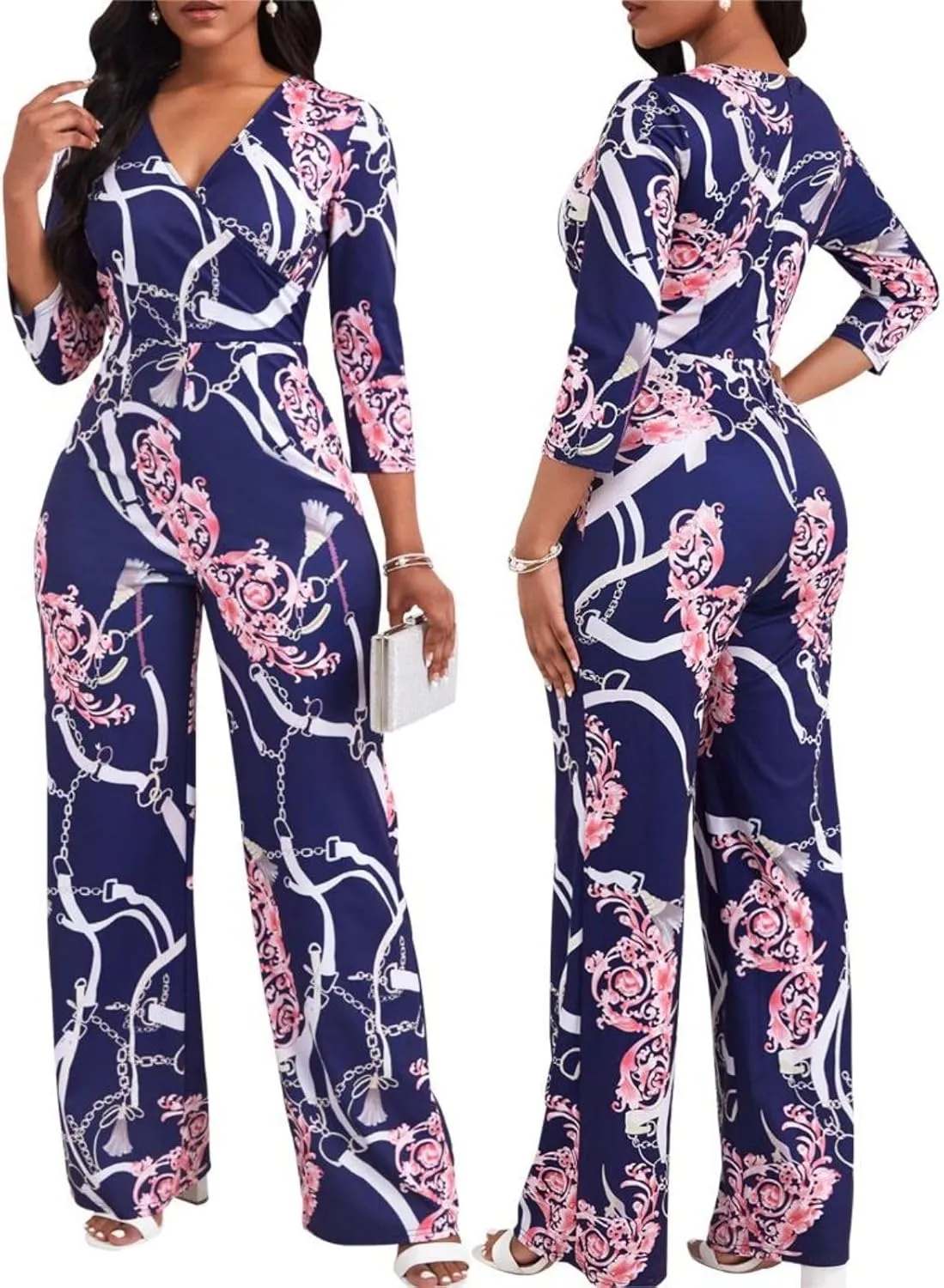 Women's Dressy Printed Jumpsuits Casual Plus Size V Neck Long Sleeve Wrap Wide Leg Rompers
