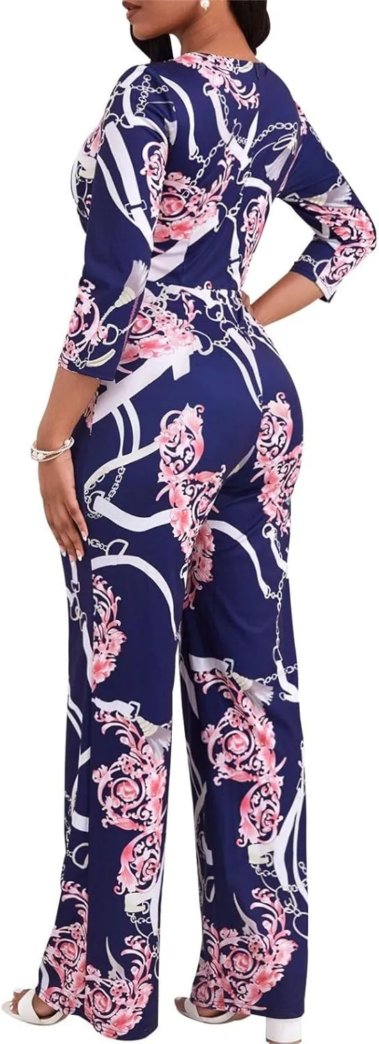 Women's Dressy Printed Jumpsuits Casual Plus Size V Neck Long Sleeve Wrap Wide Leg Rompers