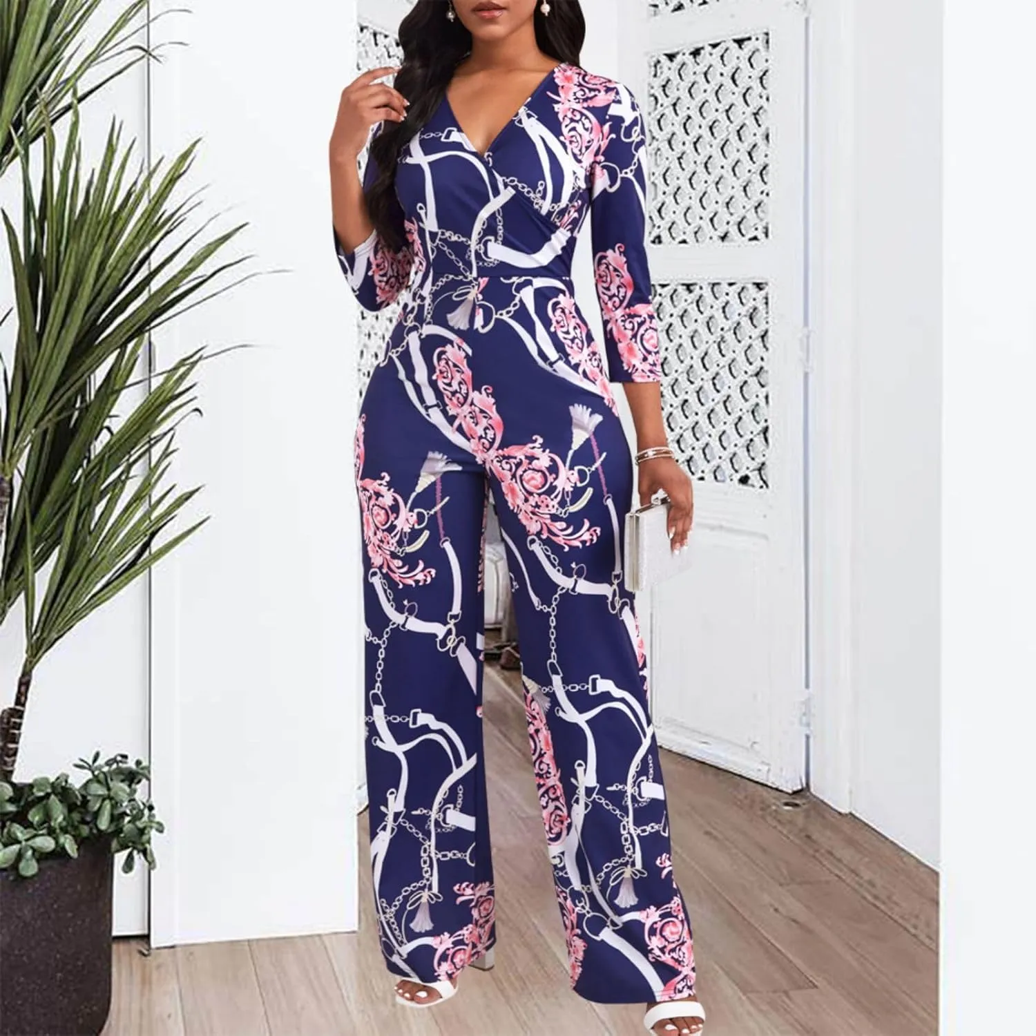 Women's Dressy Printed Jumpsuits Casual Plus Size V Neck Long Sleeve Wrap Wide Leg Rompers