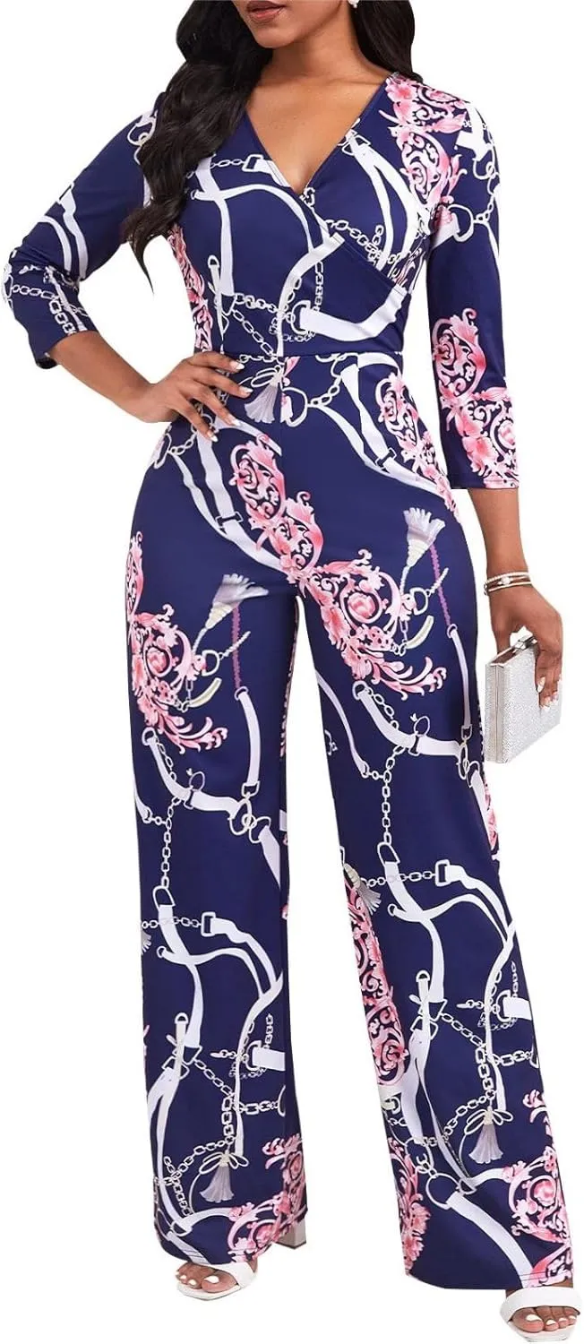 Women's Dressy Printed Jumpsuits Casual Plus Size V Neck Long Sleeve Wrap Wide Leg Rompers