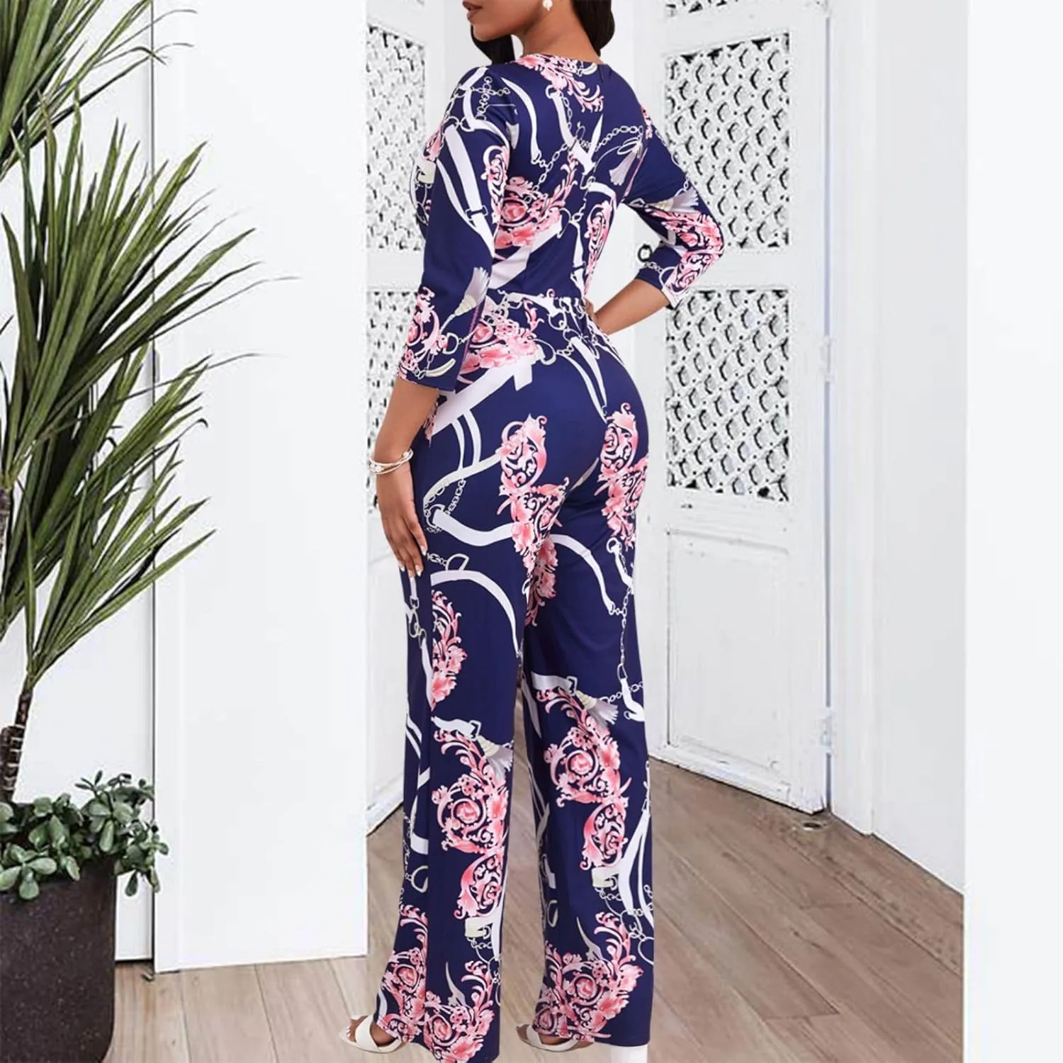 Women's Dressy Printed Jumpsuits Casual Plus Size V Neck Long Sleeve Wrap Wide Leg Rompers
