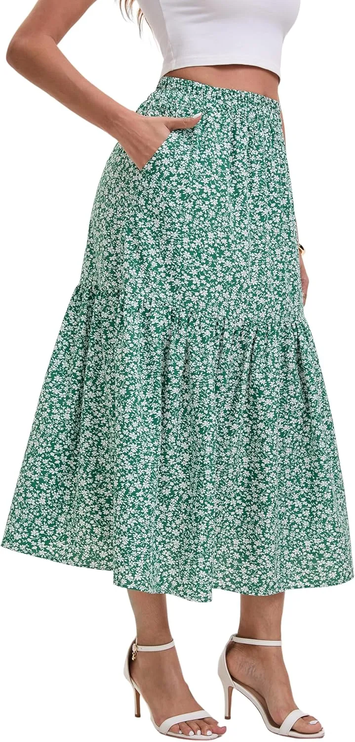 Women's Elastic Waist MIDI Skirt Spring Summer Autumn Floral Skirt Pleated A-line Skirt