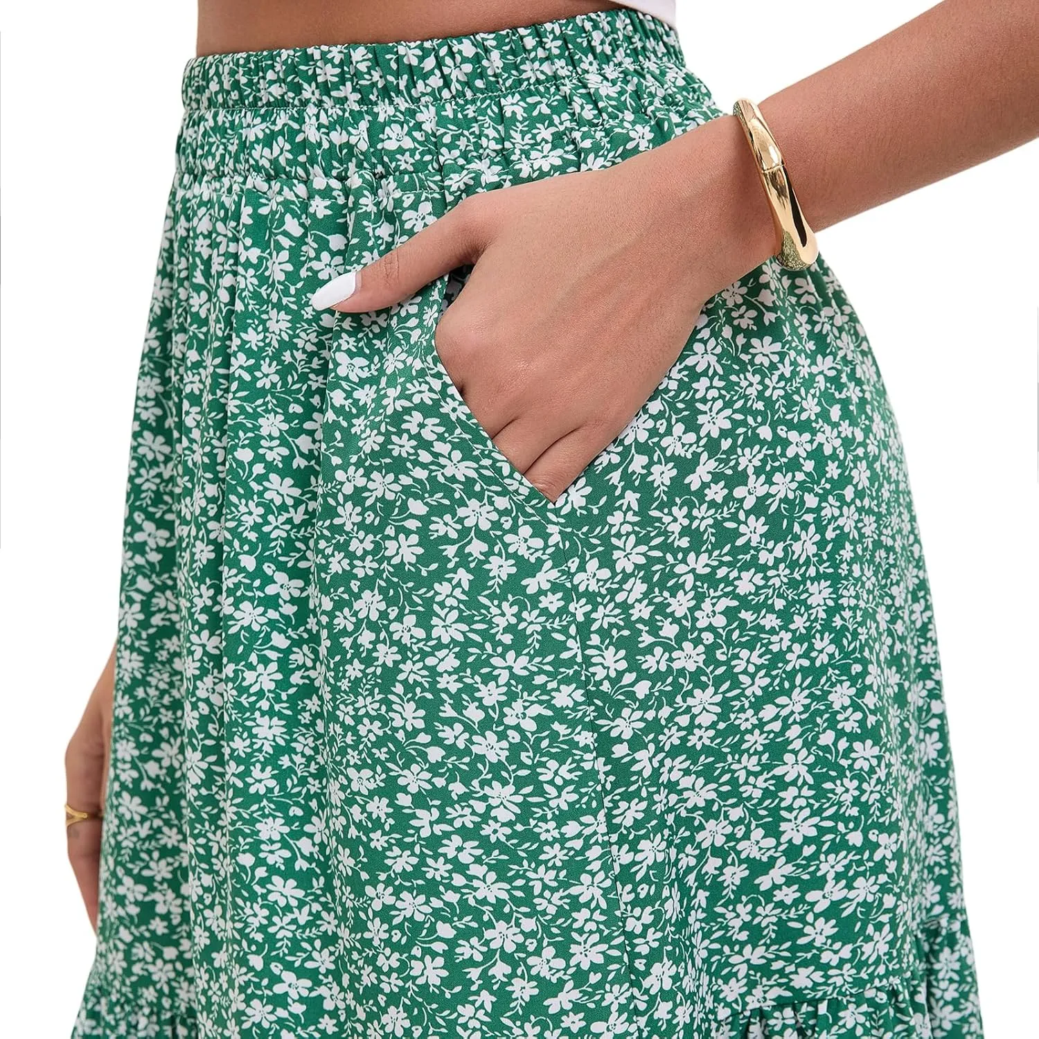 Women's Elastic Waist MIDI Skirt Spring Summer Autumn Floral Skirt Pleated A-line Skirt