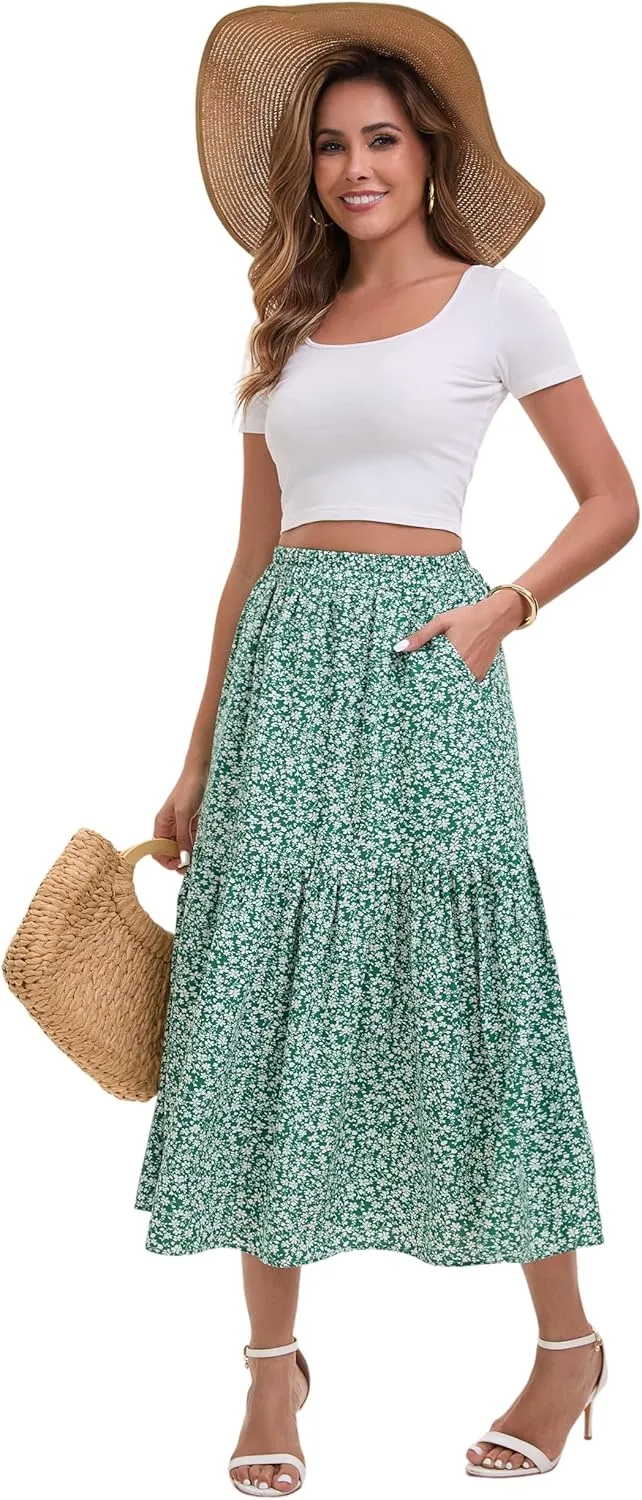 Women's Elastic Waist MIDI Skirt Spring Summer Autumn Floral Skirt Pleated A-line Skirt