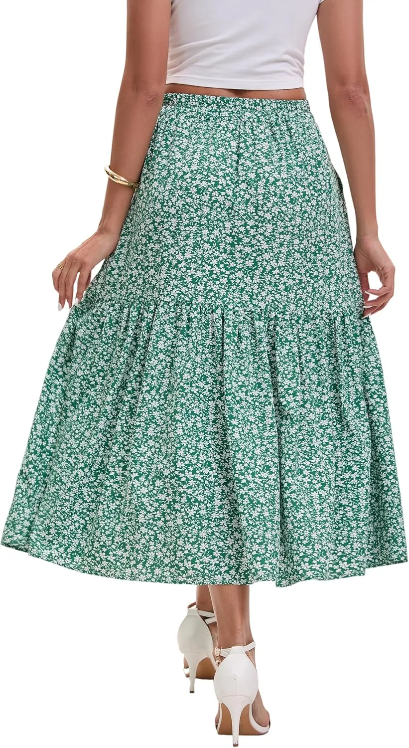 Women's Elastic Waist MIDI Skirt Spring Summer Autumn Floral Skirt Pleated A-line Skirt