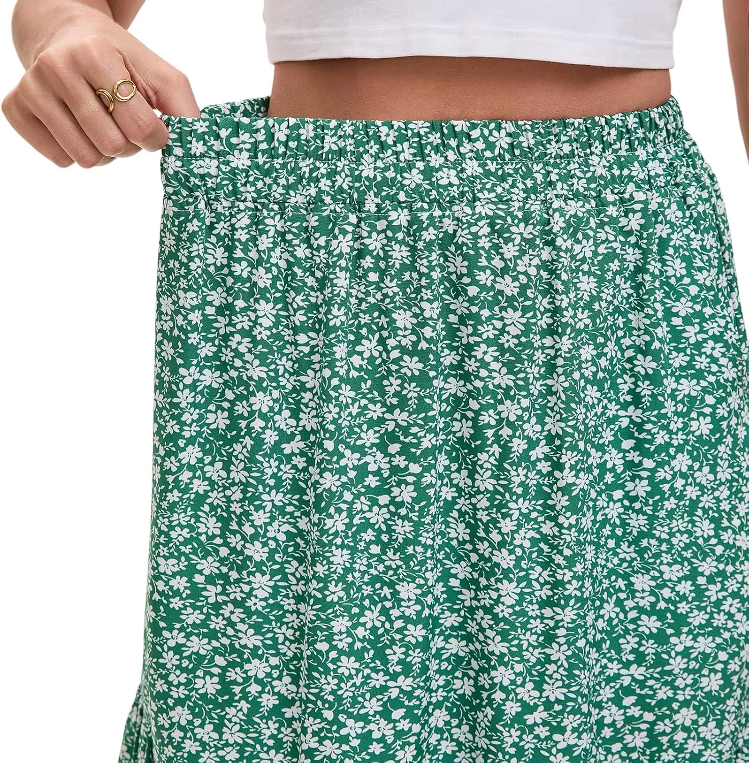 Women's Elastic Waist MIDI Skirt Spring Summer Autumn Floral Skirt Pleated A-line Skirt