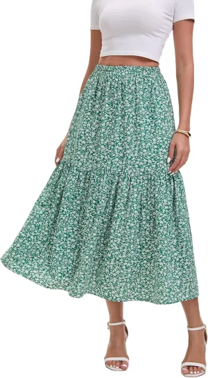 Women's Elastic Waist MIDI Skirt Spring Summer Autumn Floral Skirt Pleated A-line Skirt