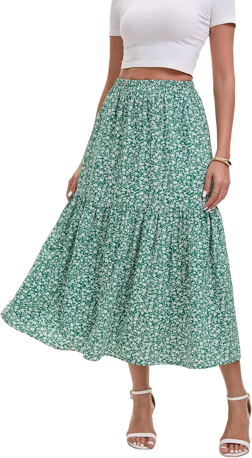 Women's Elastic Waist MIDI Skirt Spring Summer Autumn Floral Skirt Pleated A-line Skirt