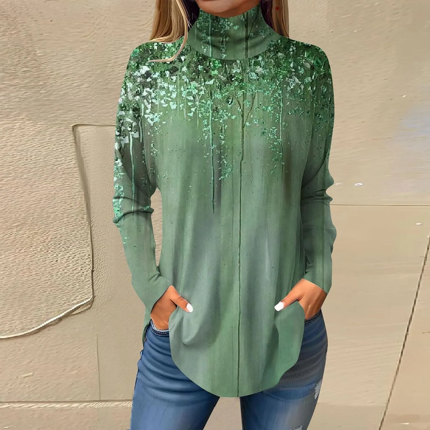 Womens Fall Tops Printing Long Sleeve Sweatshirts Turtleneck Vintage Pullover Tunic Y2k Shirt Fashion Casual Blouses