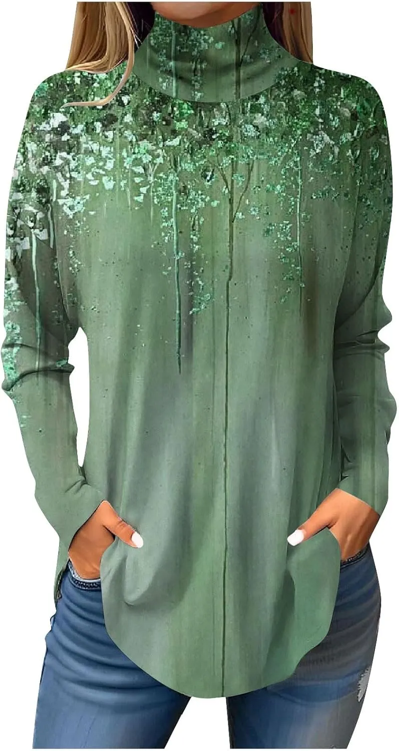 Womens Fall Tops Printing Long Sleeve Sweatshirts Turtleneck Vintage Pullover Tunic Y2k Shirt Fashion Casual Blouses