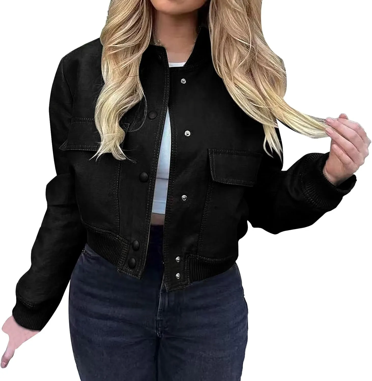 Women's Fashion Short Jackets Fall Button Down Strand Collar Varsity Cropped Shackets Long Sleeve Bomber with Pockets